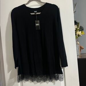 INC International Concepts Women's Black Long Sleeve Top with Lace Trim